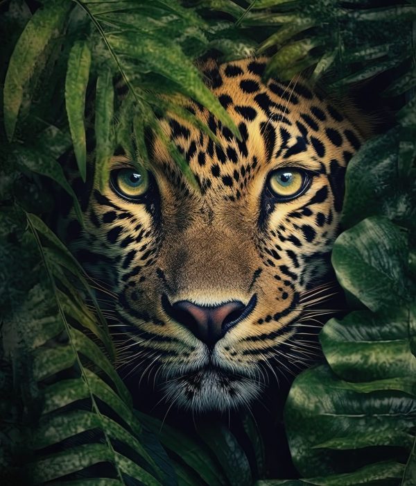 o-rosto-de-um-leopardo-e-cercado-por-folhas-tropicais