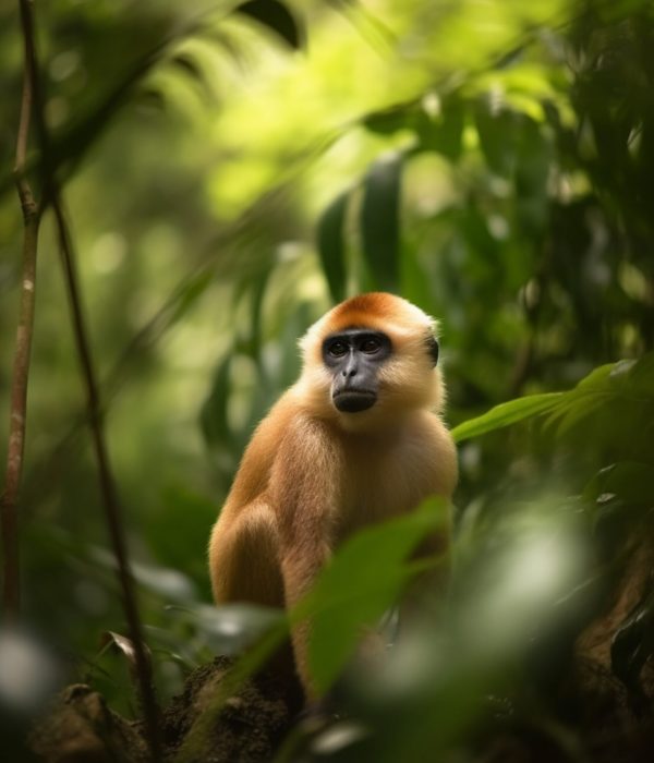 Adorable monkey in lush rainforest foliage